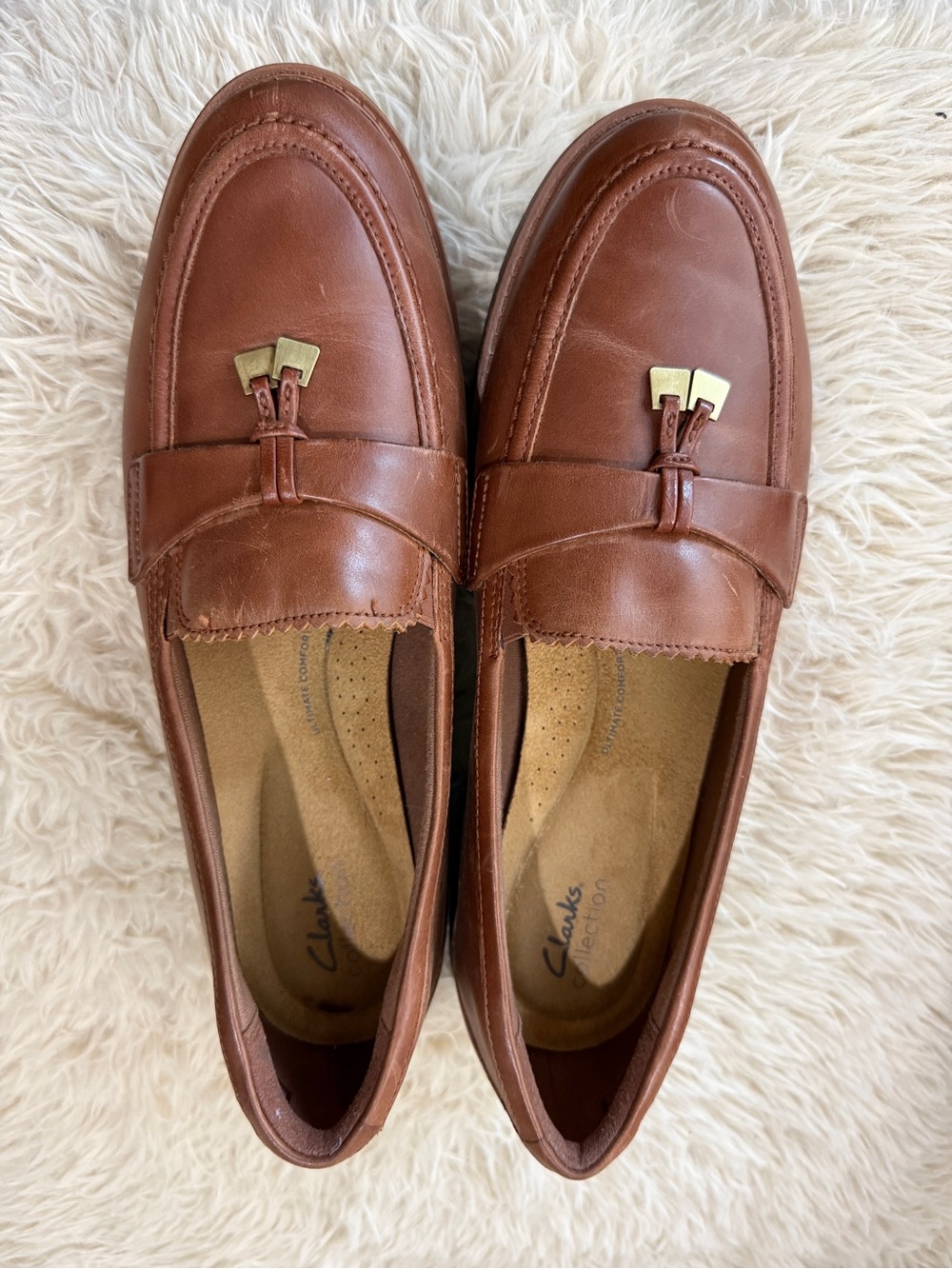 Clarks Westlynn Bella Tan Leather Loafers Women’s 12 W Wide Tassel Shoes NWOB - Picture 1 of 8